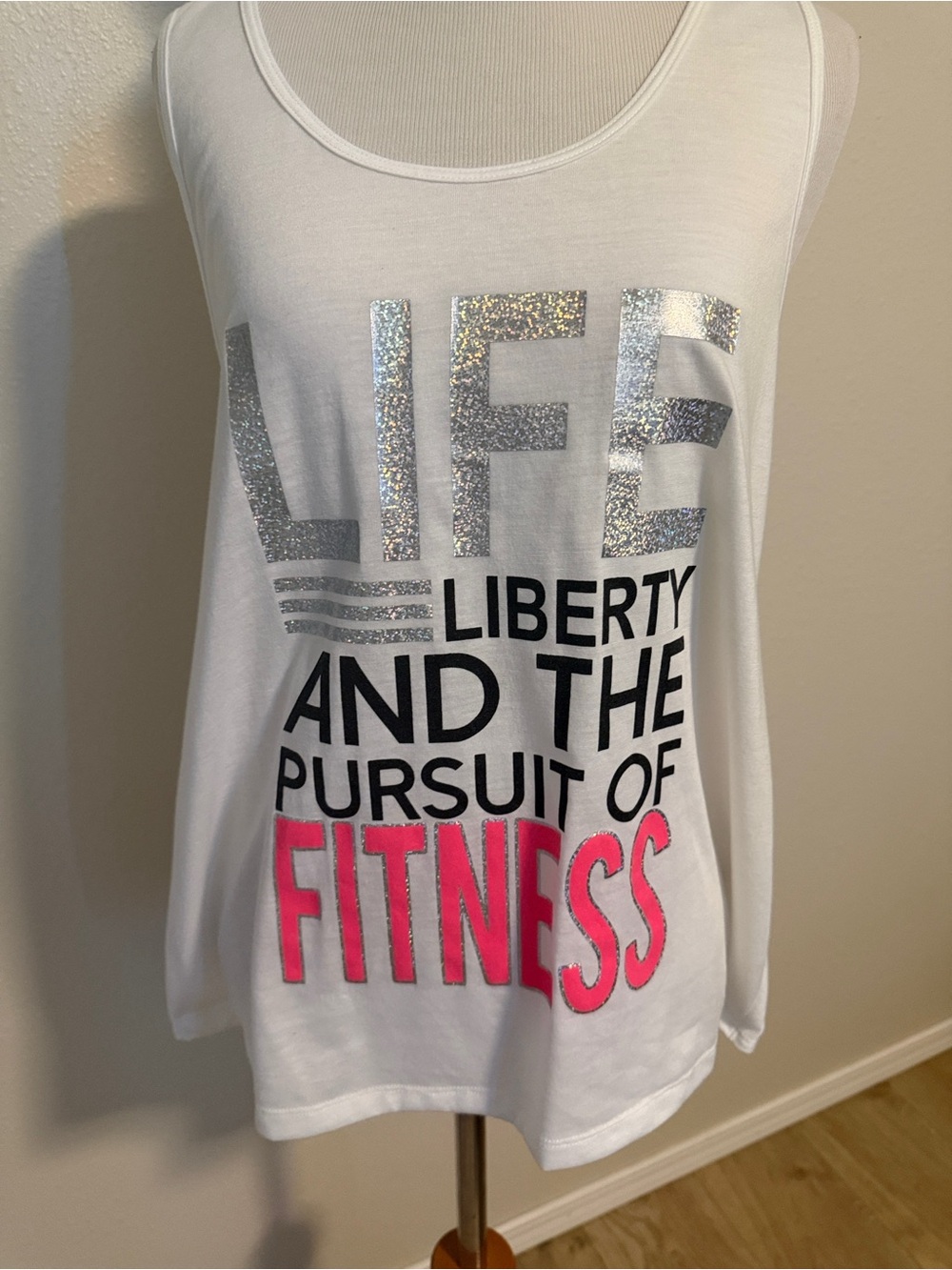 Material Girl White Tank with Silver Glitter and Pink Text